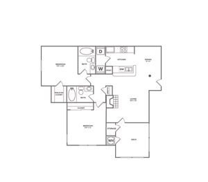 2x2 | 977 SF | Floor plan map for a two bedroom unit at our apartments for rent in Bellevue, featuring labeled rooms with dimensions.