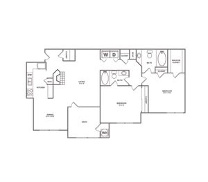 2x2 | 1260 SF | Floor plan map for a two bedroom unit at our apartments for rent in Bellevue, featuring labeled rooms with dimensions.