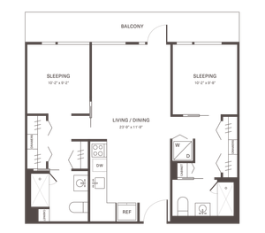 Modern floor plan featuring 2 spacious bedrooms, open living and dining area, and a balcony for outdoor relaxation.