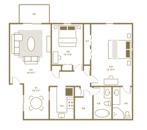Elegant 2D floor plan featuring two spacious bedrooms, a cozy living room, a modern kitchen, and a stylish dining area, perfect for comfortable living.
