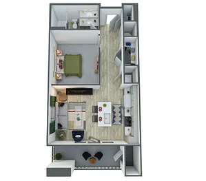 Modern 3D floor plan featuring a cozy one-bedroom layout, open-concept living and dining area, sleek kitchen, stylish bathroom, and inviting patio space.