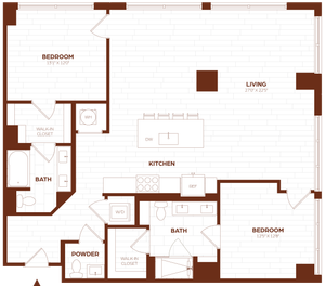 Elegant and spacious floor plan showcasing 2 bedrooms, open kitchen with island, expansive living area, and multiple bathrooms with modern amenities.