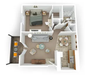 Chic 3D floor plan of a modern apartment featuring one bedroom, a spacious living area, dining space, and open kitchen, complemented by a cozy balcony with stylish seating.