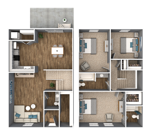 Modern 2-story floor plan featuring 3 spacious bedrooms, inviting open-concept living and dining area, and well-equipped kitchen.