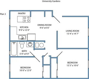 Plan 3 - 2 bed, 1 bath remodeled
