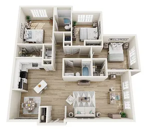 Charming 3D floor plan showcasing 3 spacious bedrooms, modern kitchen with island, cozy living area, and elegant dining space.