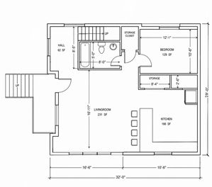 Charming floor plan showcasing a 1-bedroom layout with a spacious living room, modern kitchen, and ample storage space.