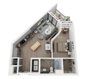 Modern apartment floor plan featuring a spacious open-concept kitchen and living area, cozy bedroom with large windows, and a private balcony.