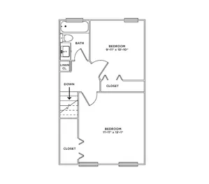 Efficient floor plan featuring 2 spacious bedrooms, a bathroom, and convenient closets for ample storage.