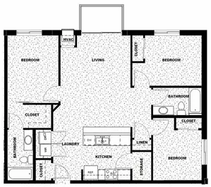 Inviting floor plan showcasing 3 bedrooms, spacious living area, modern kitchen, and convenient laundry room for effortless living.