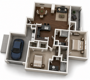Modern 3D floor plan displaying a stylish two-bedroom apartment with an open living and dining area, elegant kitchen, two bathrooms, and a convenient garage space.