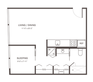 Modern apartment floor plan with open living and dining area, compact kitchen, and dedicated sleeping space.