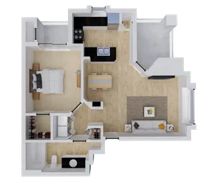 Modern 3D floor plan showcasing a spacious one-bedroom apartment with open-concept living and dining area, stylish kitchen, and cozy balcony.