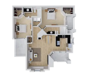 Modern apartment floor plan showcasing 2 cozy bedrooms, an open living room, sleek kitchen, and 2 bathrooms.