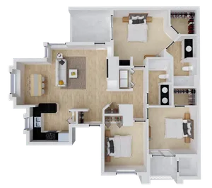 Elegant 3D floor plan showcasing 3 bedrooms, open-concept living and dining area, modern kitchen, and two sleek bathrooms.
