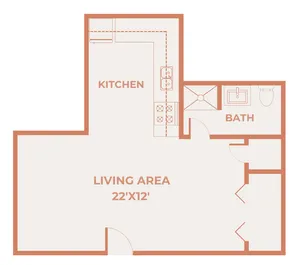 Studio El Chaparral floor plan with a 22 by 12 living area, kitchen, bathroom, entry closet, and open studio layout.