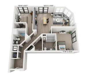 The Woods 2-bedroom, 2-bathroom, 1,090-square-foot floor plan at Woodburn Exchange in East Walnut Hills.
