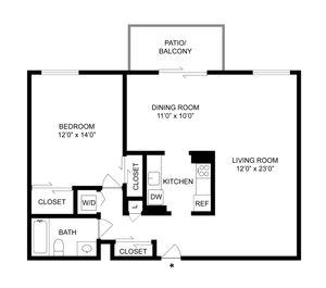 1 BR x 1 BA - A Floorplan