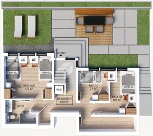 Floor plan featuring 3 cozy bedrooms, modern bathroom, convenient washer/dryer area, and inviting outdoor patio with dining space.