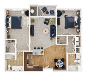 Elegant 2D floor plan featuring 2 spacious bedrooms, an open-concept living area, modern kitchen with breakfast bar, and cozy dining space.