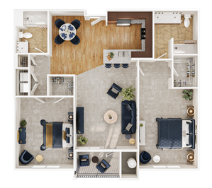 Inviting 2D floor plan showcasing 2 spacious bedrooms, elegant living area, modern kitchen with island, and cozy balcony.