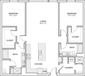 1508 square foot two bedroom two bath apartment floorplan image