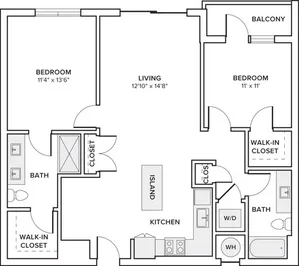 1093 square foot two bedroom two bath apartment floorplan image