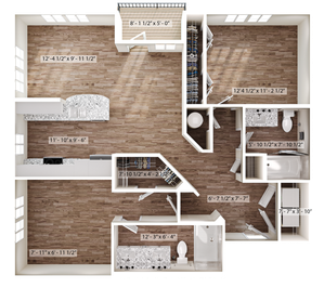 Modern floor plan showcasing spacious living area, two bedrooms, sleek kitchen, ample closets, and elegant bathrooms.
