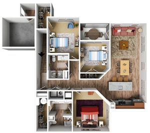 Modern floor plan showcasing three bedrooms, two stylish bathrooms, and an open-concept living and dining area with a sleek kitchen.