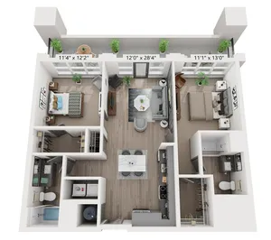 Modern 3D floor plan showcasing a two-bedroom apartment with a cozy living area, contemporary kitchen, and stylish bathrooms.