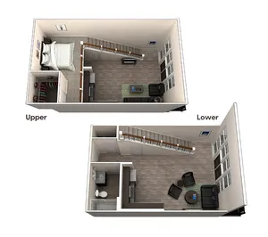 Chic loft apartment floor plan showcasing an upper level bedroom with a spacious closet and a lower level open living area with modern furnishings.