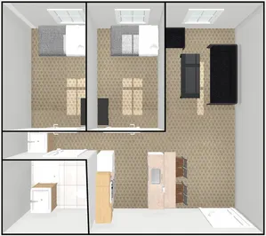 Contemporary 3D floor plan showcasing 2 bedrooms, a stylish living room, and a modern kitchen.
