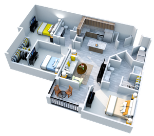 Inviting 3D floor plan showcasing a modern apartment with three cozy bedrooms, open-plan living and dining area, and a sleek kitchen. Features stylish furnishings, a balcony with outdoor seating, and ample closet space.