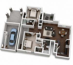 Charming open-concept 3D floor plan featuring two cozy bedrooms, a stylish living area, modern kitchen, and attached garage with sleek vehicle, maximizing space and comfort.