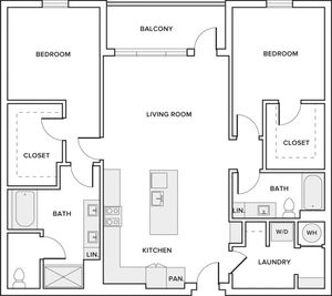 1406 to 1416 square foot two bedroom two bath apartment floorplan image