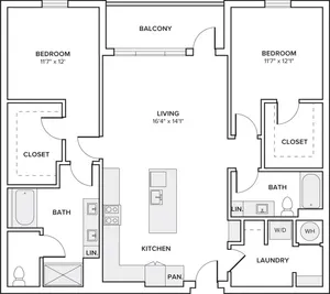 1406 to 1416 square foot two bedroom two bath apartment floorplan image