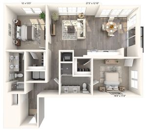 1180 to 1191 square foot two bedroom two bath apartment floorplan image