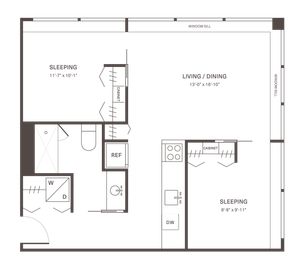 Modern floor plan showcasing a spacious living and dining area, two cozy sleeping quarters, sleek kitchen, and convenient bathroom layout.