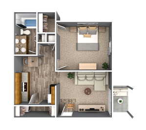 Modern floor plan featuring a spacious bedroom, elegant living room, and a cozy kitchen with dining area, perfect for comfortable living.