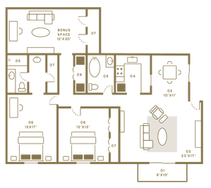 Elegant floor plan showcasing a spacious layout with 3 bedrooms, bonus room, modern kitchen, and inviting living area.