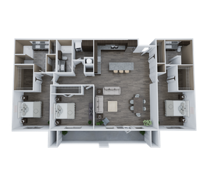 Sleek and modern 3D floor plan showcasing 3 spacious bedrooms, an open living and dining area, and a contemporary kitchen with an island.