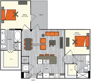 2 bedroom 2 bath apartment with dining area, kitchen island, walk in closets and 1092 sq ft