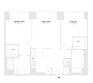 Avira Residence 10 floor plan showcasing a modern 2 bedroom, 2 bath layout with a spacious living/dining area, located on floors 24-27. Features include walk-in closets, in-unit washer/dryer, and contemporary kitchen.