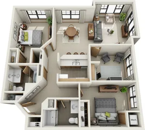 Modern 3D floor plan showcasing a spacious apartment with two bedrooms, open-concept living and dining area, sleek kitchen with island seating, and functional home office space.