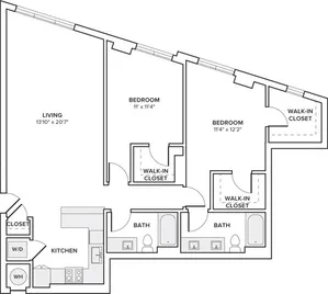 1287 square foot two bedroom two bath apartment floorplan image