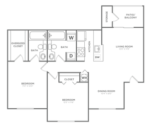 Floor plan map for a two bedroom apartment at Avana Palm Beach Gardens rental community near Juno Beach with labeled rooms.