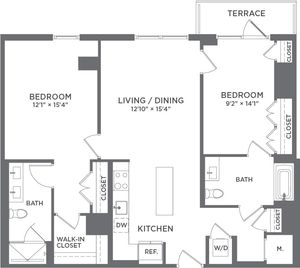 Elegant floor plan showcasing 2 bedrooms, a modern kitchen, open living/dining area, and a terrace; ideal for contemporary living.
