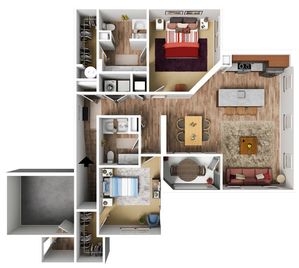 Modern floor plan showcasing 2 cozy bedrooms, spacious open-plan living and dining area, sleek kitchen, and two well-appointed bathrooms.