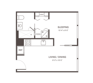 Efficient studio floor plan featuring a combined living and dining area, modern kitchen, and cozy sleeping space.