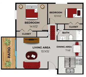 Two-bedroom apartment floor plan layout featuring a primary bedroom (14\'x12\') with a closet, a secondary bedroom (10\'x12\') with a closet, a shared bathroom, a living area (15\'x15\'), a dining area (7\'x8\'), a kitchen with appliances and a double sink, and an outdoor patio with plants. The layout includes labeled dimensions and furnishings for reference.